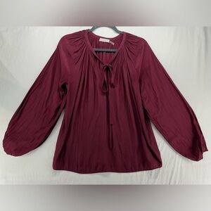 Ramy Brook Blouse XS Burgundy Red‎ Pleated Long Sleeve Peasant Tie Neck Top